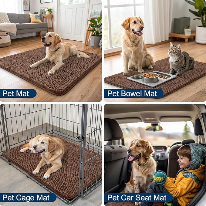 Smiry Dog Door Mat for Muddy Paws 40x32, Absorbent Dirt Trapper, Non-Slip Washable Chenille Entryway Rug for Inside Floor, Mocha, Classic Solid