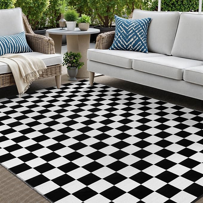 Seavish Checkered Rug, 5x8 Ft Black and White Checkerboard Outdoor Rug | Retro Lightweight Washable Area Rug, Rustic Floor Carpet Decor for Living Room Bedroom Dining Room Patio Porch