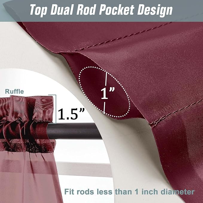 Burgundy Sheer Curtains 63 Inch Length 2 Panels, Voile Sheer Curtain for Christmas, Breathable Light Filtering Modern Window Treatments, Soft Fabric Dual Rod Pocket Panels, 2x42Wx63L Inches