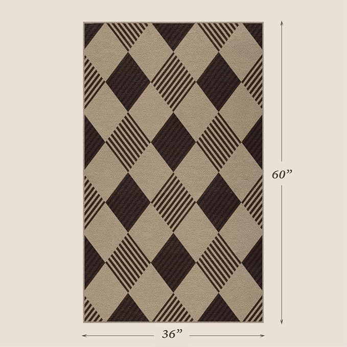 Washable Easy Jute 3x5 Entryway Rug - Door Mat Indoor Entrance, Diamond Rug for Entry Way, Kitchen, Low Pile Light Brown Geometric Striped Woven Front Door Décor