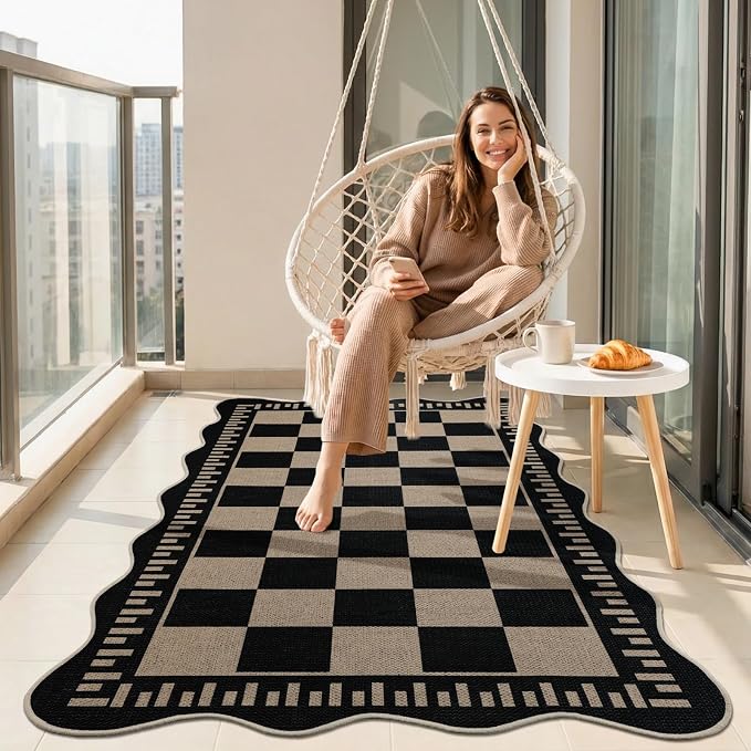 EDIMENS Scalloped Outdoor Rug 3x5 Jute Front Porch Patio Entry Entryway Rug | Checkered Front Door Mat Small Non-Slip Washable Area Rug Carpet Low Pile Black Indoor Farmhouse Doormat for Entrance Doorway