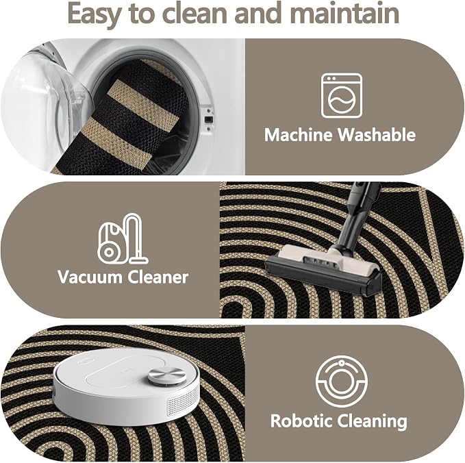Capslpad Round Faux Jute Rug 6ft Washable Non Slip Area Rugs for Living Room Boho Circle Patio Carpet Low Pile Geometric Indoor Outdoor Rug for Backyard Bedroom Kitchen Entryway,Black&Nature