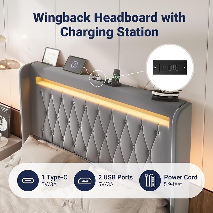 Allewie Queen Size Upholstered Bed Frame with LED & Charging Station, Gray | Customizable LED lights, charging station, tufted wingback headboard, noise-reducing support, and no box spring needed.