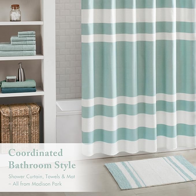 Madison Park Reversible Spa Cotton Bath Rug 100%-Cotton Striped Ultra Soft Water Absorbent, Fast Drying, Bath-Mats, Non-Slip Absorbent Quick Dry Mats for Tub, Shower Room, and Bathroom, 20x30, Aqua | Quick Dry, Ultra Soft, Pile, Machine Washable, Plush...