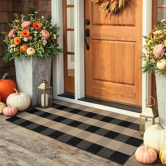 KIMODE Front Door Mat Outside Entrance 24"x51",Black and Tan Checkered Outdoor Rug,Farmhouse Fall Front Porch Rug Decor,Cotton Woven Washable Layering Rug for Front Door,Outside Entrance,Kitchen