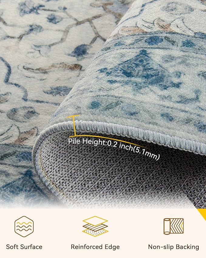 Area Rugs 3'x7' Runner Rug Non Slip Washable for Kitchen Hallway Bedroom Beside Laundry Room Bathroom Rug, Floor Carpet, Light Blue Navy Beige Gray White