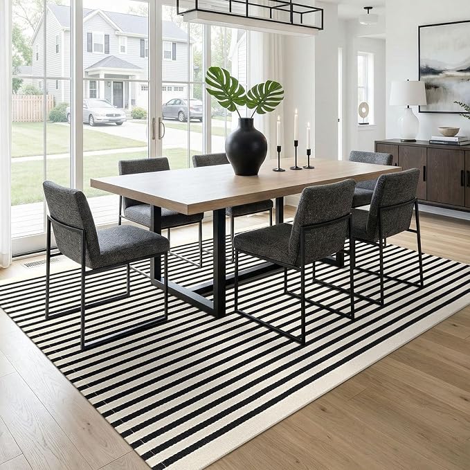 KOZYFLY Beige and Black Rug 5x8 ft Area Rug Woven Washable Striped Rugs Cotton Farmhouse Indoor Outdoor Rugs for Living Room Bedroom Entryway Porch Patio Carpet