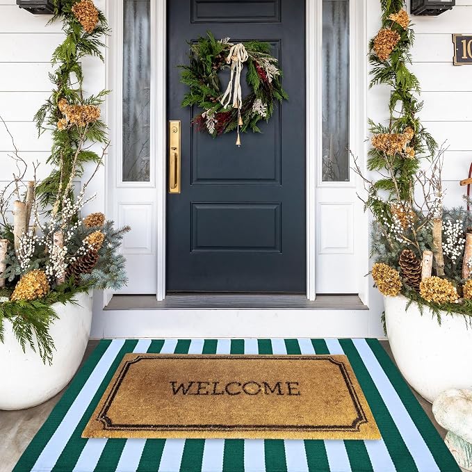 Green & White Striped Rug, 2'4" x 3'7" Indoor/Outdoor Area Rug for Front Porch, Entryway, Machine Washable Cotton Woven Welcome Door Mat