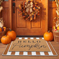 Tinideya 2 Pcs Fall Door Mat Thanksgiving Hello Pumpkin Welcome Non Slip Coir Mats White Orange Buffalo Plaid Floor Layering Doormats Seasonal for Front Porch Entryway Decor(Orange White)