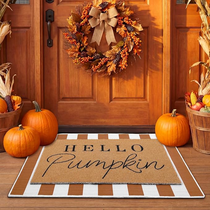Tinideya 2 Pcs Fall Door Mat Thanksgiving Hello Pumpkin Welcome Non Slip Coir Mats White Orange Buffalo Plaid Floor Layering Doormats Seasonal for Front Porch Entryway Decor(Orange White)