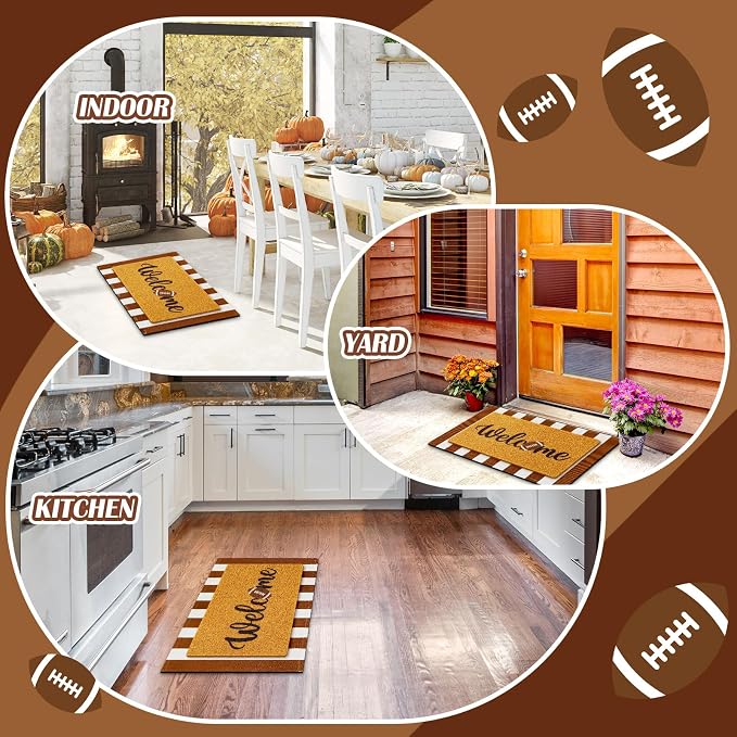 Geelin 2 Pcs Fall Front Door Mat Welcome Mat Outdoor Decorative Doormat Non Slip Buffalo Checkered Rug for Indoor Outdoor(Welcome Football)