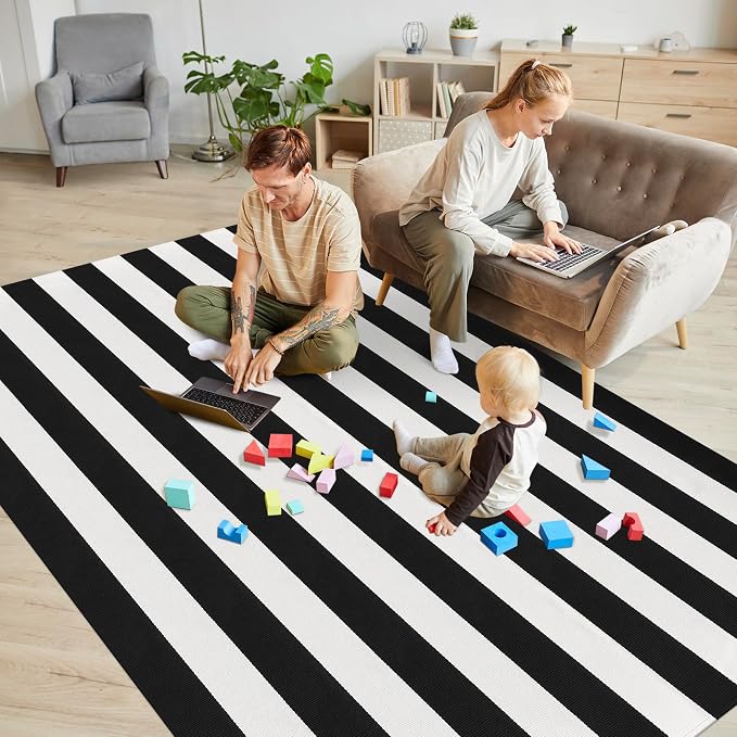 Black and White Striped Rug 5x8 Cotton Woven Rug Farmhouse Washable Indoor Outdoor Area Rug Home Decor Carpet for Living Room Dining Room Bedroom Backyard Large Patio Mat