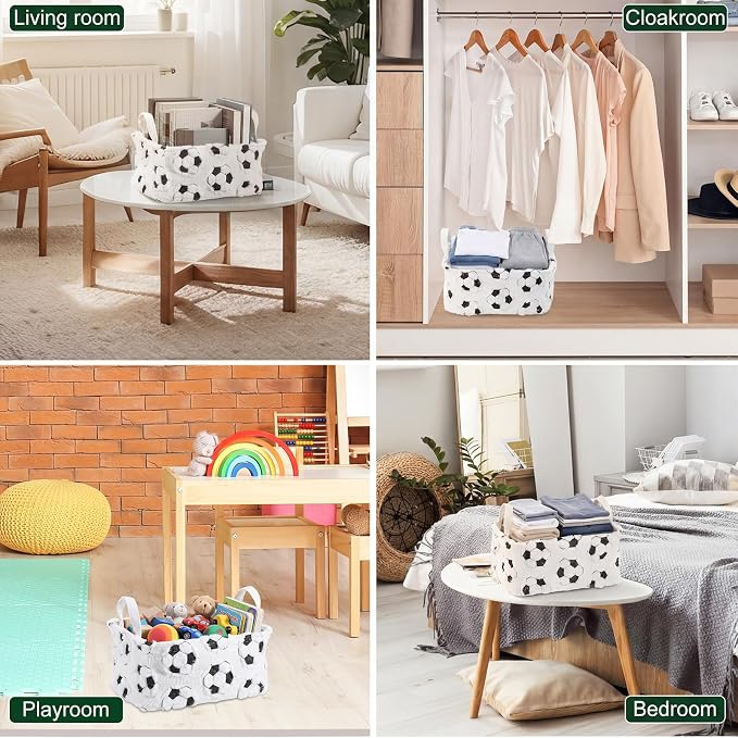 2 Pcs Soccer Storage Baskets 14x10'' Back to School Gift Basket Foldable Fluffy Laundry Storage Bin with Handle Sport Theme Closet Organizer for Preppy Dormitory Countertop Tabletop Shelf