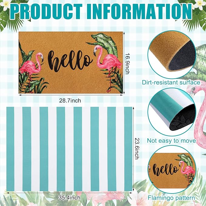 Tinideya 2 Pcs Summer Flamingo Layering Doormats Sets, Tropical Palm Leaves Hello Coir Door Mat with Rug for Porch Entryway Outdoor Decor