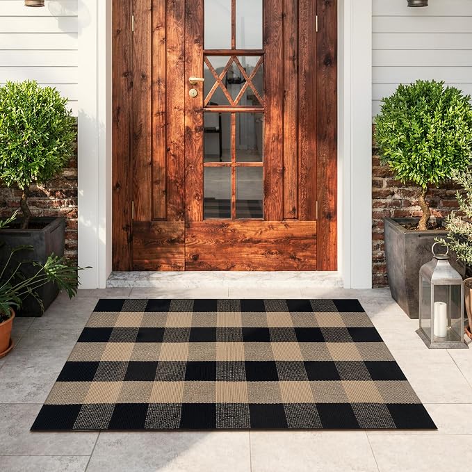 OJIA Buffalo Plaid Checkered Rug 27.5"x43" Fall Front Door Mat Welcome Mats | Washable Woven Front Porch Rug Outdoor Door Mat Welcome Mats Indoor Layered Doormats for Entryway Home Entrance Black/Tan