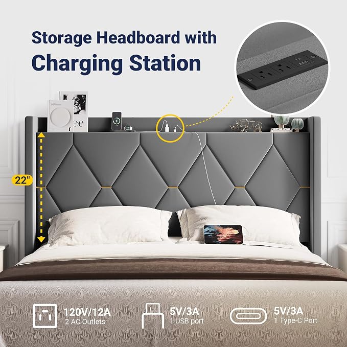 Allewie Queen Bed Frame with Storage Headboard & Charging Station | Diamond Tufted Design & Gold Trim, Velvet Upholstered Platform Bed, No Box Spring Needed, Easy Assembly, Noise-Free, Grey