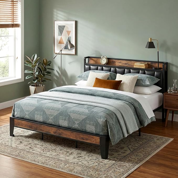 LIKIMIO California King Bed Frame, Storage Headboard with Charging Station, Solid and Stable, Noise Free, No Box Spring Needed, Easy Assembly (Vintage and Black)
