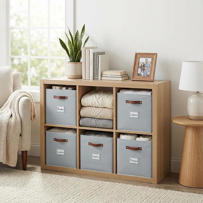 DECOMOMO Storage Bins, Cube Storage Bin with Labels | 13" x 13" x 13" Fabric Storage Cubes for Shelves (6pcs, Grey)