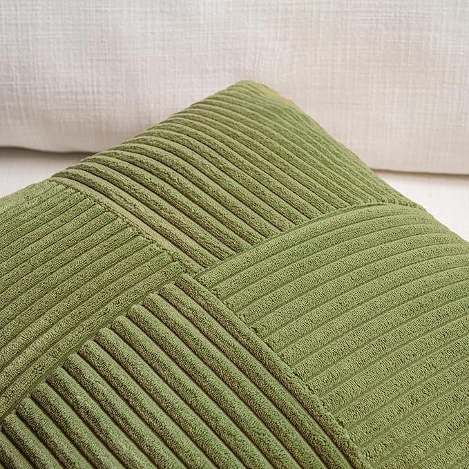 Fancy Homi 2 Packs Moss Green Decorative Throw Pillow Covers 18x18 Inch for Living Room Couch Bed Sofa, Farmhouse Boho Home Decor, Soft Corss Corduroy Patchwork Textured Square Cushion Case 45x45 cm