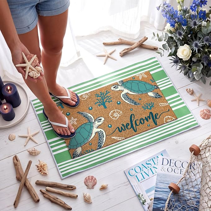 Moucuny 2 Pcs Summer Beach Coir Door Mat Coastal Sea Turtle Doormat 24'' x 35'' Green and White Striped Outdoor Rug 16'' x 28'' Ocean Beach Non Slip Seasonal Welcome Doormat for Porch Front Decor