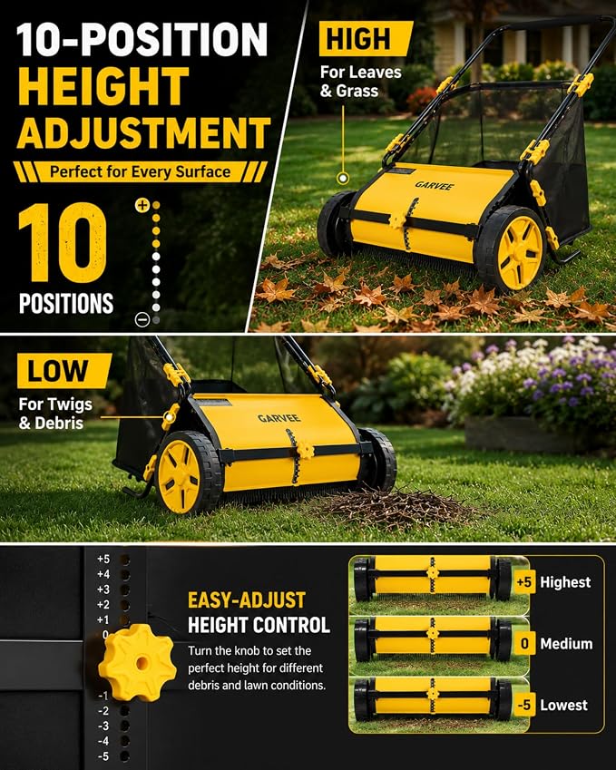 21 Inch Push Lawn Sweeper with 3.5 Cu. Ft. Large Mesh Collection Bag | Heavy Duty Steel Frame, 10" Rubber Wheels, 4 Spinning Brushes, Manual Height Adjustment for Leaves, Grass and Yard Debris