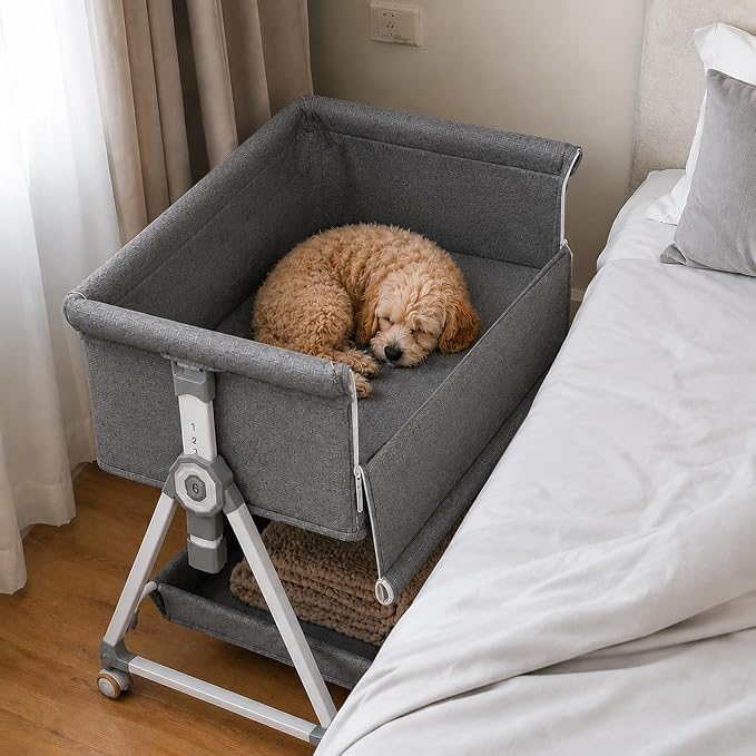 Bedside Dogs Bed, Raised Dogs Bed 27''-32'' Adjustable Height, Dog Bed Extension for Human Bed, Bedside Cosleeper Dog Bed for Small, Medium Dogs(34.5''L x 20''W)