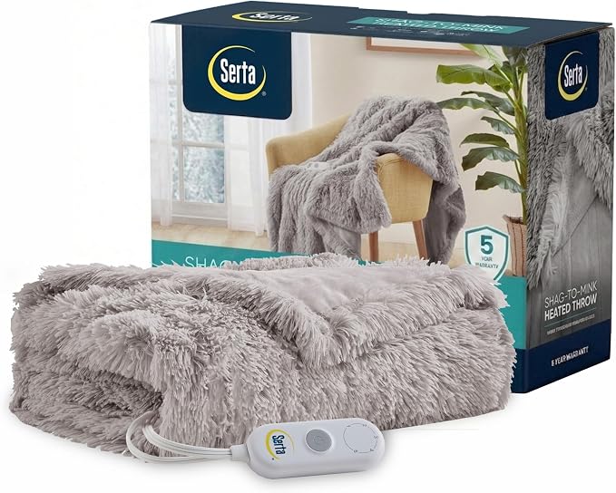 Serta Mila Shaggy Heated Throw Blanket - Soft Faux Fur Heated Blanket, Fast Heating, Auto Shut Off Timer, Low EMF, 5 Heat Setting, ETL Certified, Machine Washable Electric Blanket, Ash Grey 50"x60"