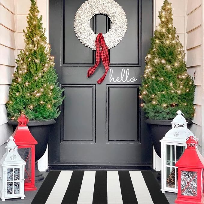 Striped Outdoor Rug 27.5x43 Black and White Front Door Mat, Layering Rug for Porch, Washable Doormat, Cotton Area Rug for Outdoor Entrance Entryway Patio Porch Decor