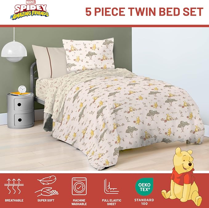 Jay Franco Kids Bed Set, Beige, Winnie The Pooh, 5 Piece Twin | Cozy Soft Bedding for Stylish Room Décor with Comforter, Sheets & Pillow Covers