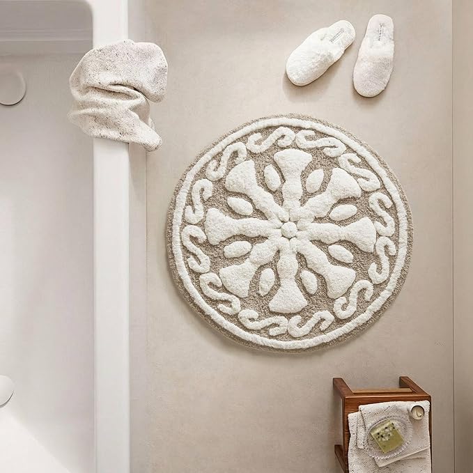 Madison Park Casablanca Tufted Cotton Bath Rug Non-Slip, Round 25", Taupe | Luxurious Plush Bath Mat, Quick Dry, Soft, Machine Washable, Floral Pattern, Absorbent, Plush, OEKO-TEX, for Bathroom