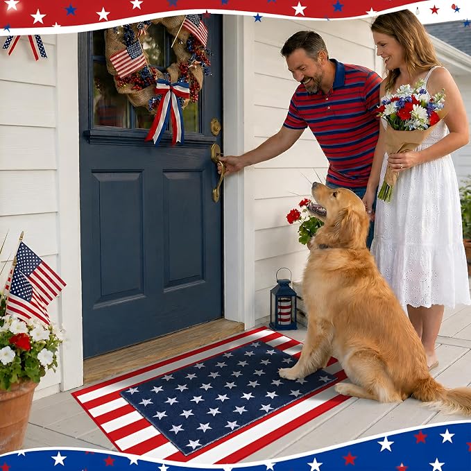 2PCS 4th of July Door Mat Combination, Patriotic Stars and Stripes Front Porch Decor, Independence Day Layered Welcome Mat, Red White and Blue Outdoor Rug for Memorial Day Entryway Decoration
