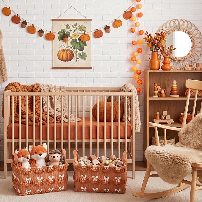 2 Pcs Pumpkin Bow Storage Basket 14x10'' Fall Pumpkin Storage Bin | Back to School Gift, Fluffy Plush, Closet Organizer with Handle, Thanksgiving, Halloween, Home Office Laundry Car Shelves