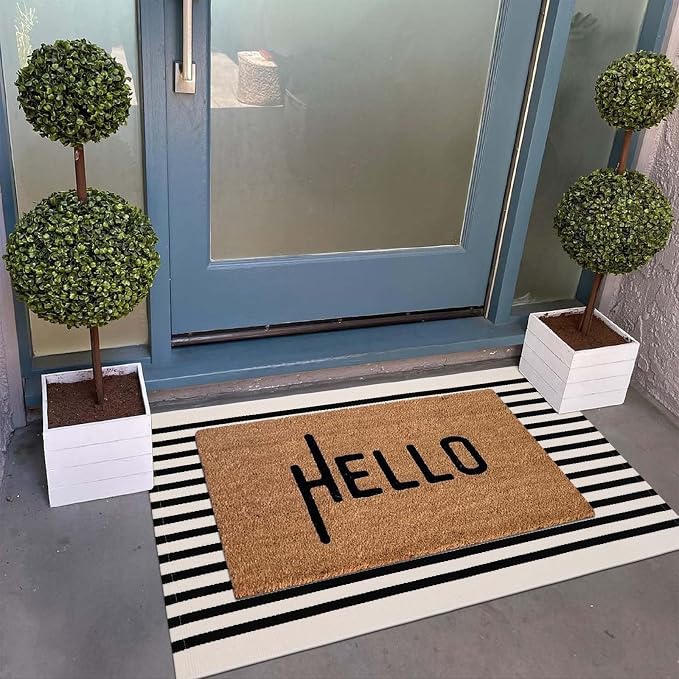Collive Black and White Outdoor Rug Door Mat 24"x 51", Cotton Woven Striped Front Doormat, Washable Front Porch Outdoor Decor for Farmhouse Front Door Layered Kitchen Porch