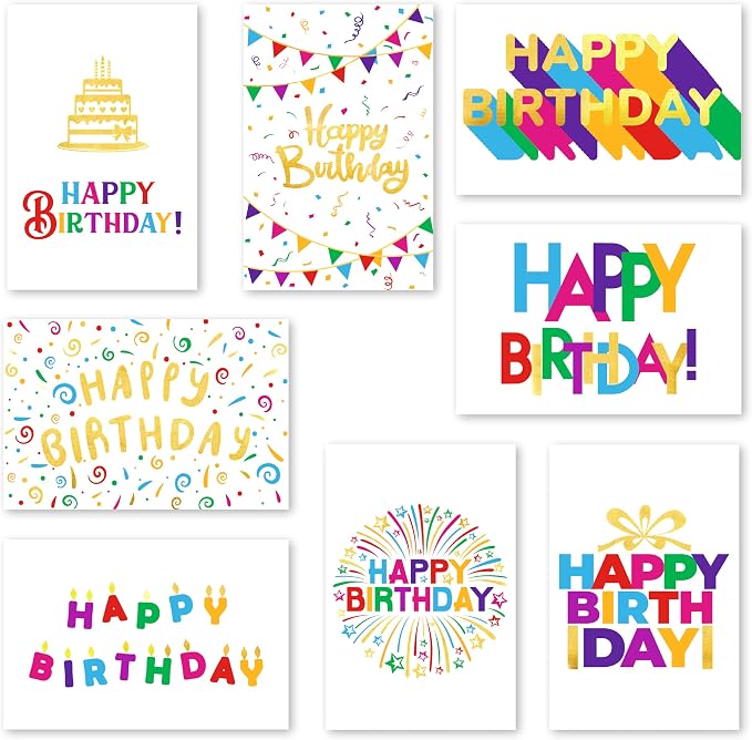 120 Pack Assorted Gold Foil Happy Birthday Cards with Envelopes, Organizer Box, Stickers, and Seals - 4x6 Inches, 8 Unique Designs, Ideal for Kids, Men, Women, and Elderly