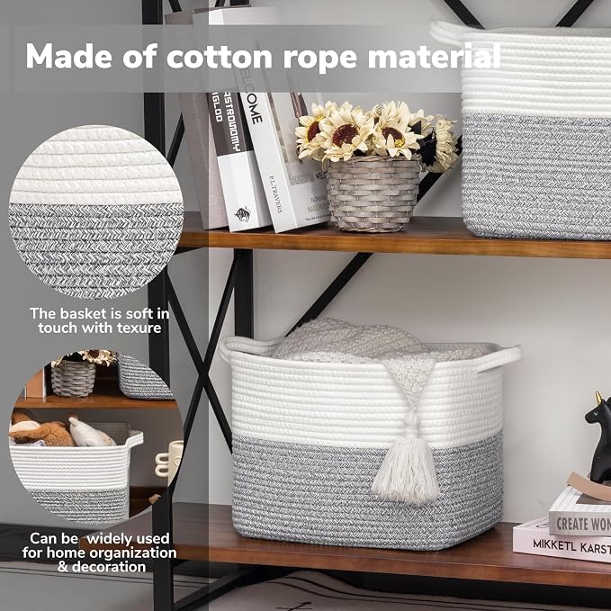 Goodpick Cotton Rope Small Laundry Basket, 13" x 10" x 9", Gray & White | Decorative Storage Basket for Clothes, Towels & Shoes, Closet & Shelf Organization, Reinforced Woven Handles