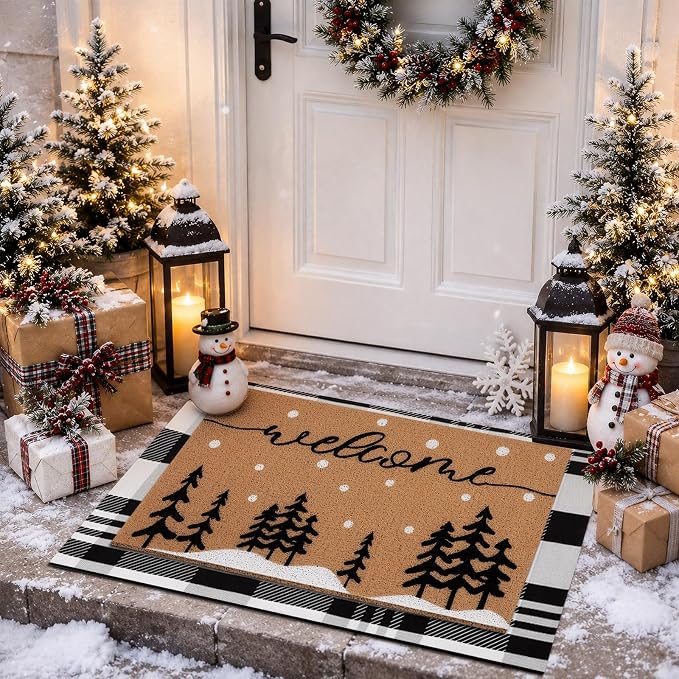 Tinideya 2 Pcs Door Mat Welcome Non Slip Coir Mats Floor Layering Doormats Seasonal for Front Porch Entryway Decor(Snowy Tree)