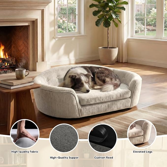 Dog Couch Bed with Oval Semi-Enclosed, Durable Linen Material Pet Sofa with Soft Foam Cushion, Dog Sofa Bed with Legs for Medium Dogs, Beige