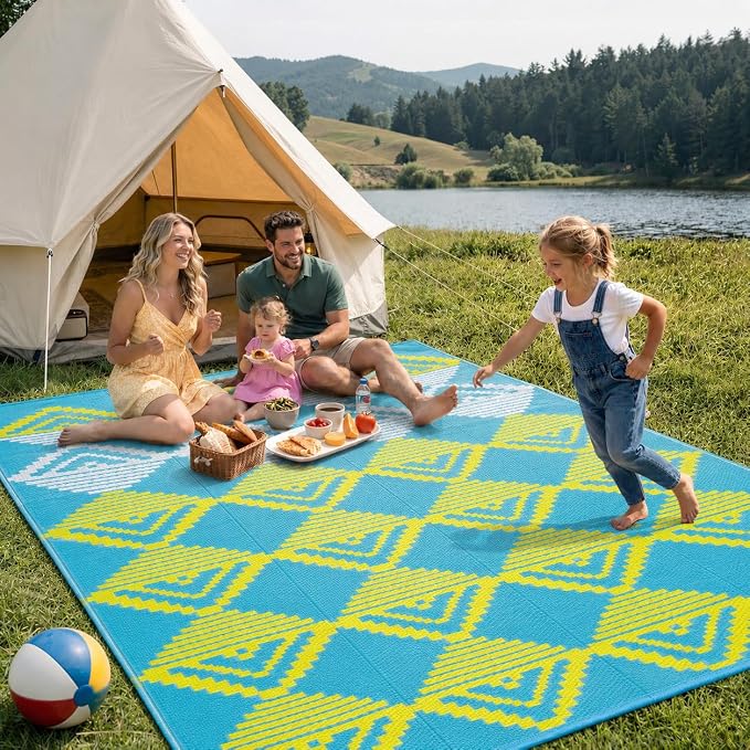 Lahome Outdoor Rugs 8x10 Waterproof, Reversible Plastic Large Outdoor Rug for Patios, Outside RV Mat Carpet for Deck Porch Backyard Balcony Picnic Trailer (Blue/Yellow, 8' x 10')