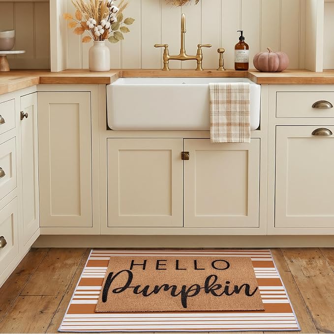 2pcs Fall Hello Pumpkin Doormats Layered Autumn Front Porch Welcome Mat and Striped Crystal Velvet Layering Rug Non Slip Outdoor Entryway Flooring Decor for Thanksgiving
