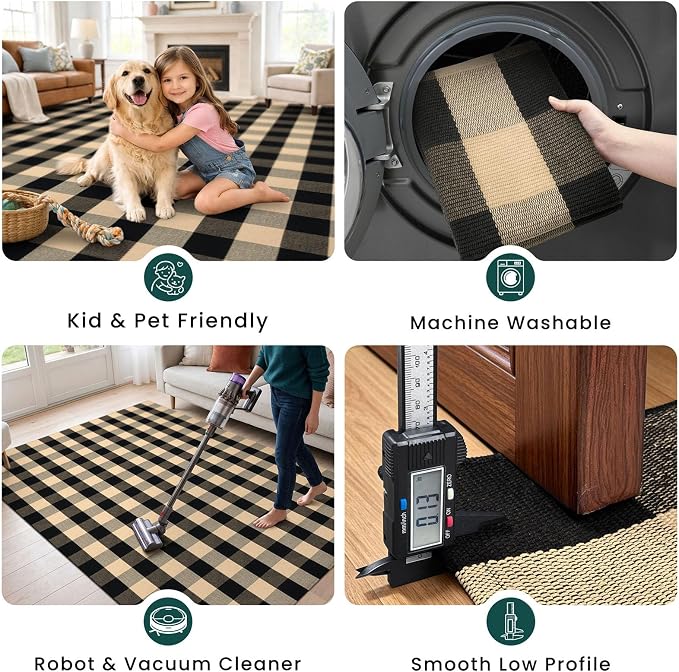 KOZYFLY Buffalo Plaid Area Rugs 2x3 Ft Brown and Black Rug Washable Front Door Mat Woven Cotton Indoor Outdoor Rug for Front Porch Kitchen Entryway Patio Farmhouse Checkered Doormat