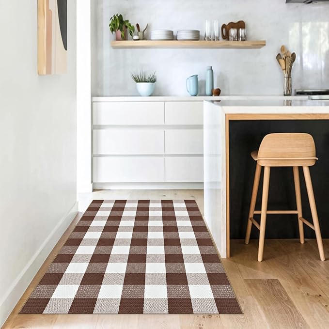 Buffalo Plaid Rug 3x5 Brown and White Checkered Rug Grid Indoor Outdoor Doormat Porch Layering Carpet Cotton Woven Washable Area Mat for Patio Entryway Farmhouse Decor