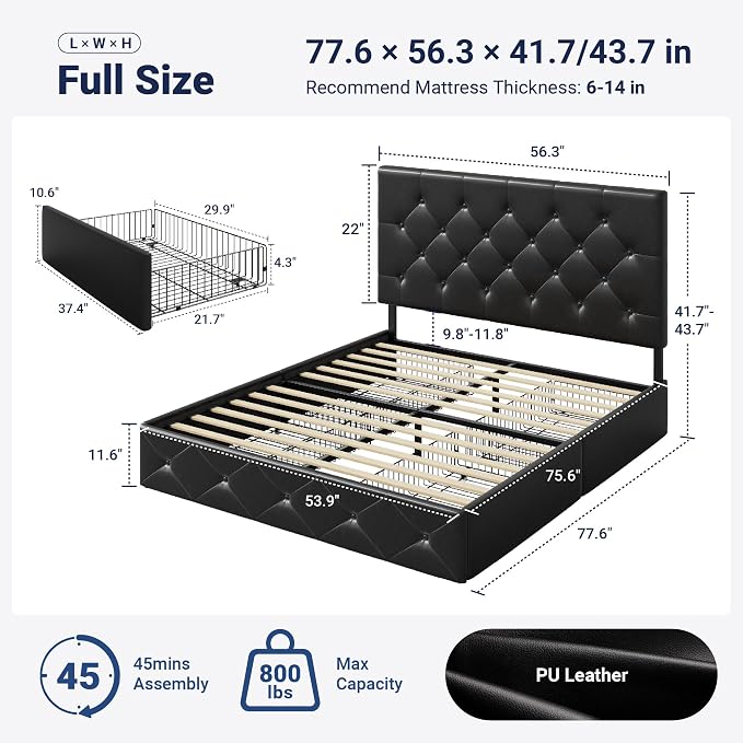 Allewie Upholstered Full Size Platform Bed Frame with 4 Storage Drawers and Headboard, Diamond Stitched Button Tufted, Mattress Foundation with Wooden Slats Support, No Box Spring Needed, Black