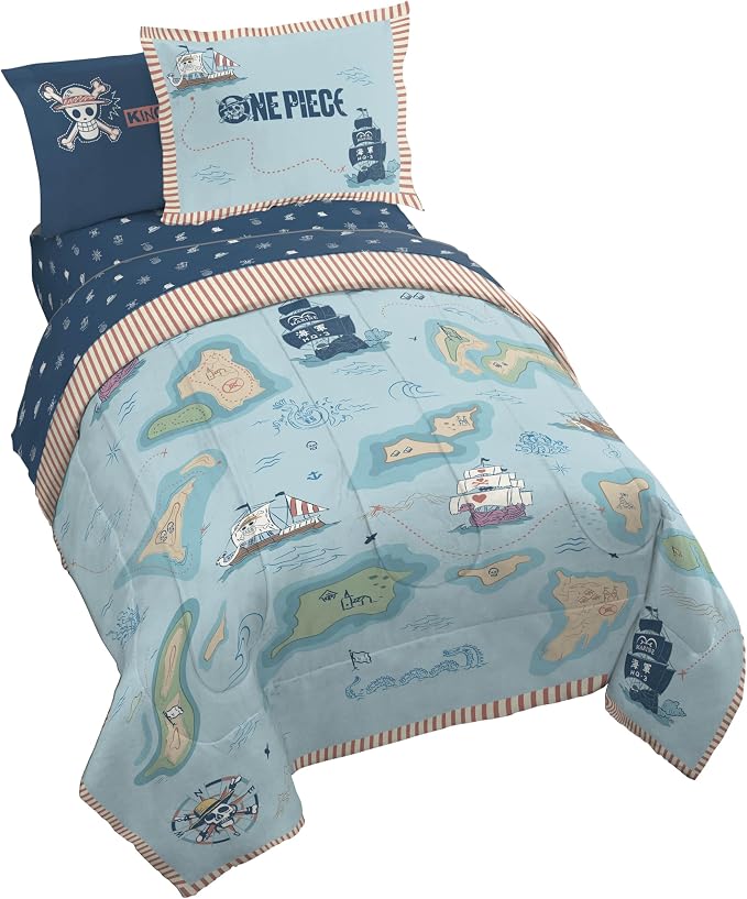 One Piece Luffy Full Comforter Set 7 Piece Soft Anime Bedding, Multi | Bed in a Bag, Comforter Sheets Shams Pillowcases, Official Product, Soft Microfiber, Machine Washable, Gift for Fans