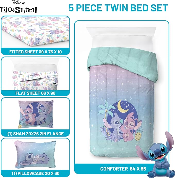 Disney Lilo & Stitch Twin Comforter Set, 5 Pc Bed in a Bag, Reversible | Stitch & Angel, Super Soft Microfiber, Machine Washable, All Season Kids Girls Bedding (Officially Licensed)