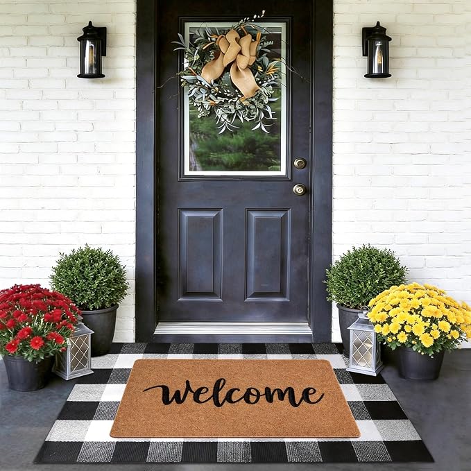 2 Pcs Home Decor Door Mat Combo Set, Coir Welcome Mat & 27.5 x 43 Inches Black and White Plaid Rug,Layered Buffalo Plaid Mat for Front Porch Entryway, Indoor Outdoor Welcome Mats