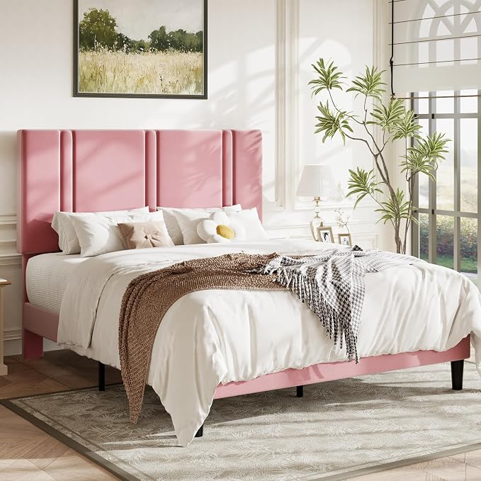 Allewie Queen Platform Bed Frame with Adjustable Headboard | Plush Velvet Upholstered, Vertical Channel Tufted, Sturdy Wood Slats, No Box Spring Needed, Easy Assembly, Pink