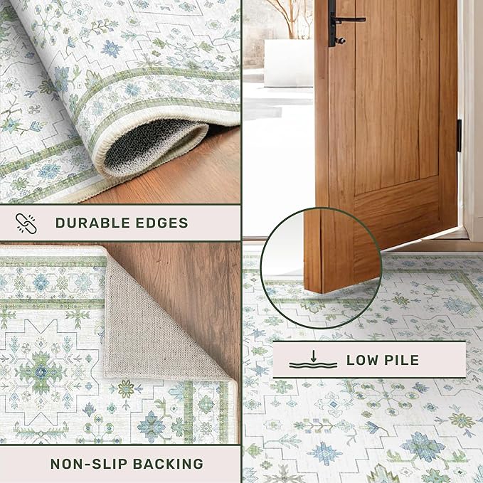 Hazo Haus Washable Oushak Bathroom Runner Rug 2x5 - Eclectic Boho Floral Pastel, Non Slip Low Pile Stain Resistant Small Throw Rug for Bedroom, Laundry Room, Powder Room, Cream Green