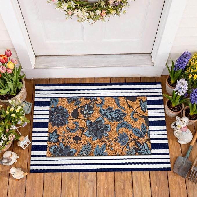 Moucuny 2 Pcs Navy Blue Coir Doormat and Stripe Rug Outdoor | Flower Coir Door Outdoor Navy Blue and White Stripe Rug for Front Door Porch Entryway Decor, 24'' x 35'', 16'' x 28''