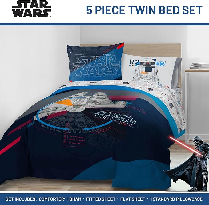 Star Wars Twin Comforter Set 5 Piece Soft Bedding for Boys, Dark Blue | Bed in a Bag, Comforter Sheets Sham Pillowcase, Official Product, Soft Microfiber, Machine Washable, Easy Care, Boys Gift