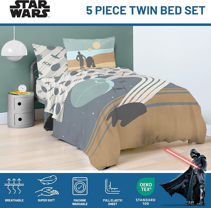 Star Wars Twin Comforter Set 5 Piece Soft Bedding for Boys, Multi | Bed in a Bag, Comforter Sheets Sham Pillowcase, Official Product, Soft Microfiber, Machine Washable, Easy Care, Boys Gift